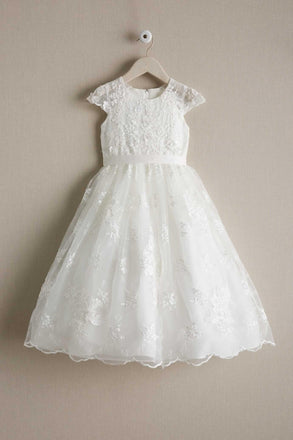 Round Neck Off White Lace Cap Sleeve Long Flower Girl Dresses, FGS099