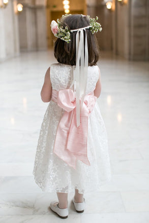 Round Neck Sleeveless Ivory Lace Pink Satin Tea Length Flower Girl Dresses, FG061