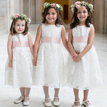 Round Neck Sleeveless Ivory Lace Pink Satin Tea Length Flower Girl Dresses, FG061