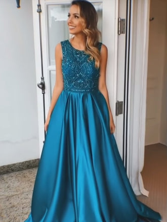 Royal Blue Satin Beading Sleeveless Charming Prom Dresses, PD00279