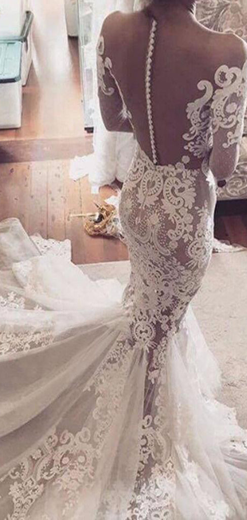 Sexy Mermaid Lace See Through Tulle Long Sleeve Off Shoulder Yarn Back Wedding Dress, AB1109