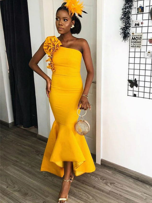 Sexy One-shoulder Mustard Yellow Mermaid Ruffle Midi Bridesmaid Dress, BD3107