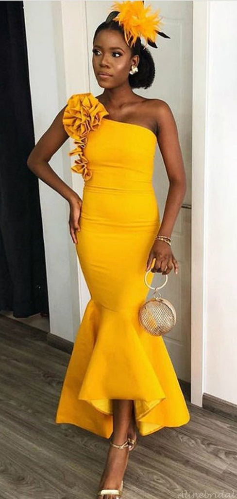 Sexy One-shoulder Mustard Yellow Mermaid Ruffle Midi Bridesmaid Dress, BD3107