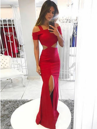 Sexy Red Square Neck Short Sleeves Cut Waistline Mermaid Split Prom Dresses,PD0131