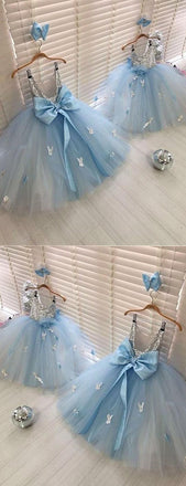 Silver Sequin Pale Blue Tulle Butterfly Applique Flower Girl Dresses, FGS142