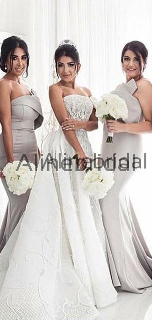 Simple Strapless Sexy Grey Satin Mermaid Long Bridesmaid Dresses, AB4003