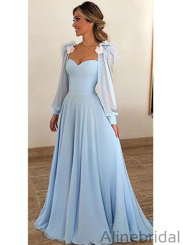 Sky Blue Long Chiffon Prom Dresses With Sleeves Modest Formal Dress PD1046