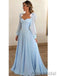 Sky Blue Long Chiffon Prom Dresses With Sleeves Modest Formal Dress PD1046