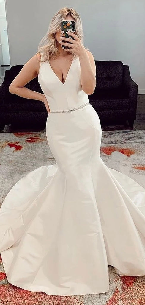 Sexy Sleeveless V-neck Mermaid Long Wedding Dress, WD3027