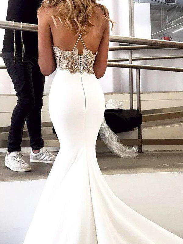 Sexy Spaghetti Strap Ivory V-neck Lace Top Mermaid Summer Beach Wedding Dresses , AB1532