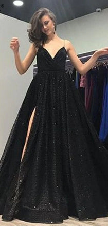 Sparkly Black Sequin Spaghetti Strap Prom Dresses,PD00154