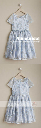 Stunning Blue Organza Lace Round Neck Short Sleeve Flower Girl Dresses, FGS086