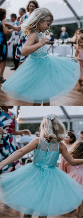 Tiffany Blue Tulle White Lace Short Flower Girl Dresses, FGS111