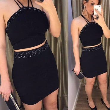 Two Piece Spaghetti Strap Beaded Sheath Black Homecoming Dresses,BD0024