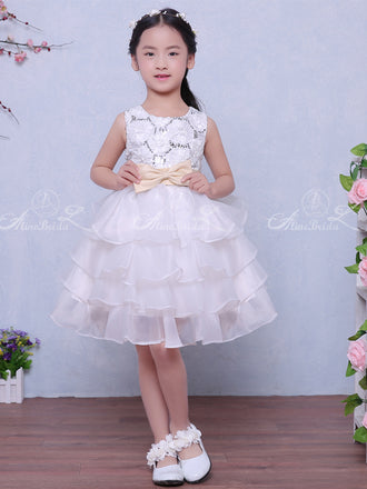 White Organza Tiered Lace With Sequin With Belt Flower Girl Dresses, FGS122
