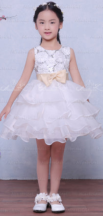 White Organza Tiered Lace With Sequin With Belt Flower Girl Dresses, FGS122