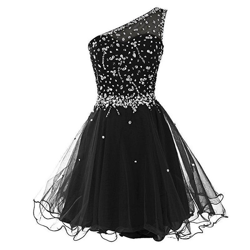 Short One Shoulder Popular Junior Graduation Sweet 16 Cocktail Rhinestone Tulle  Homecoming Dresses,BD00201