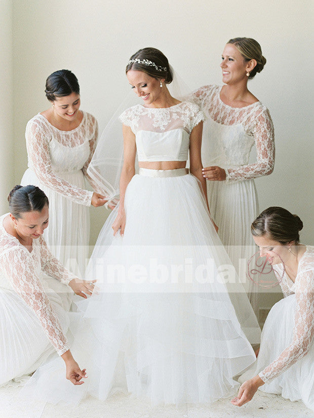 Charming Ivory Lace Long Sleeve Round Neck A-line Bridesmaid Dresses. AB1207