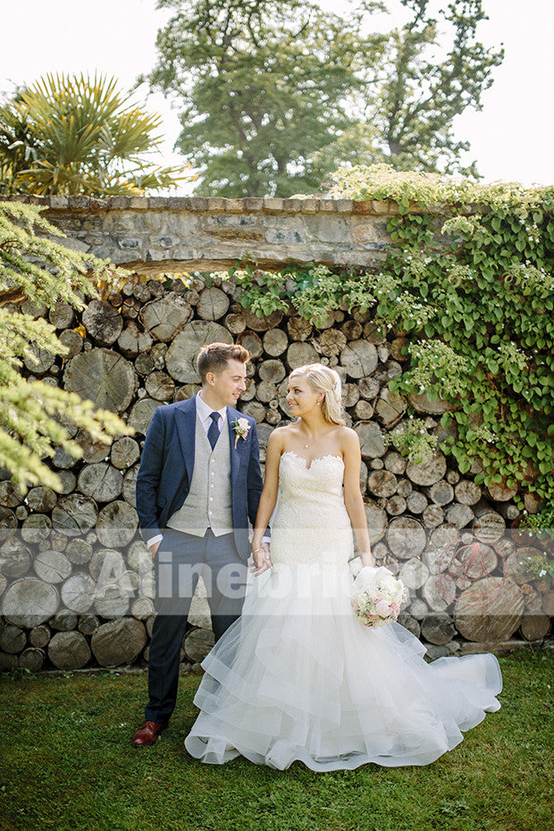 Sweetheart Strapless Lace Top Ruffles Mermaid Elegant Wedding Dresses, AB1134