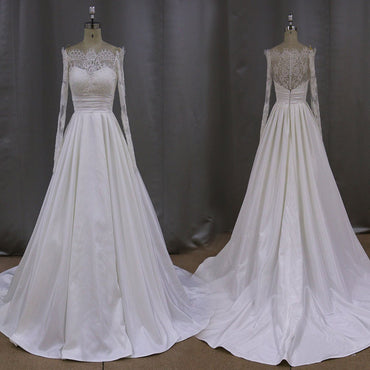 Elegant Long A-line Train Sweetheart Off Shoulder Long Sleeve Lace Satin Wedding Dress, AB1093