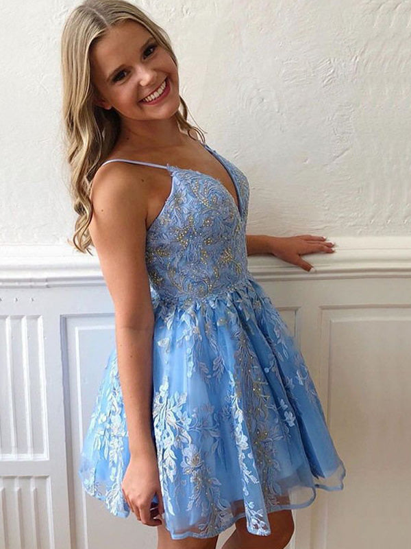 Baby Blue Spaghetti Strap V-neck Lace Sequin A-line Short Homecoming Dress, HD3032