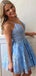 Baby Blue Spaghetti Strap V-neck Lace Sequin A-line Short Homecoming Dress, HD3032