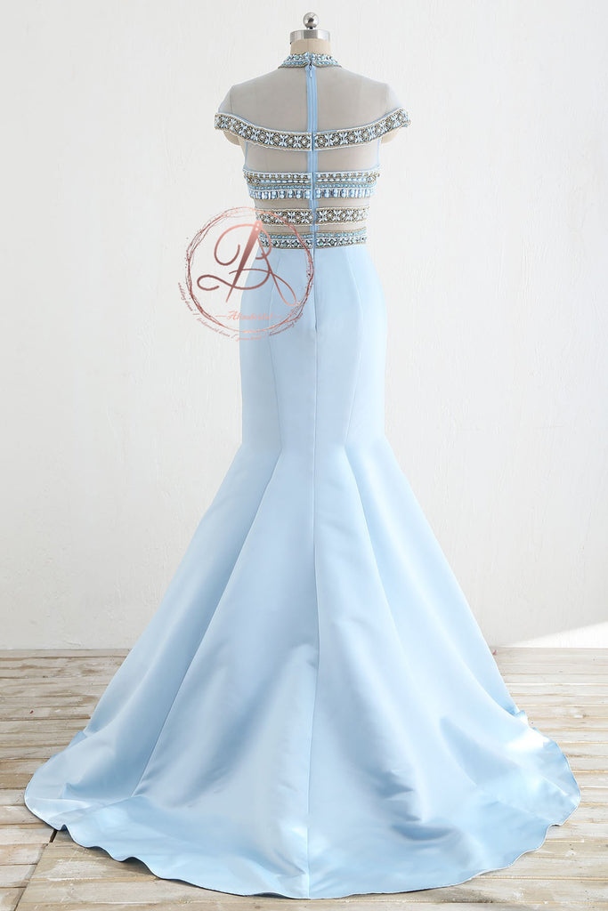 Stunning Pale Blue  Beaded See Through Top Cap Sleeve Mermaid Prom Dresses,PD00066