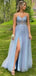 Blue Spaghetti Straps V-neck Lace Top Side-slit A-line Long Prom Dress, PD3250