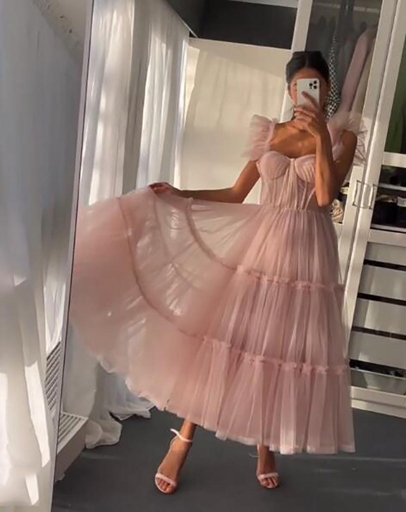 Blush Pink Ruffle Straps A-line Tea-length Tulle Prom Dress, Princess Gown, PD3332