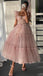 Blush Pink Ruffle Straps A-line Tea-length Tulle Prom Dress, Princess Gown, PD3332