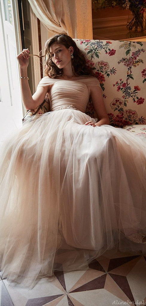 Elegant Blush Pink Tulle Off-shoulder A-line Long Prom Dress, PD3143