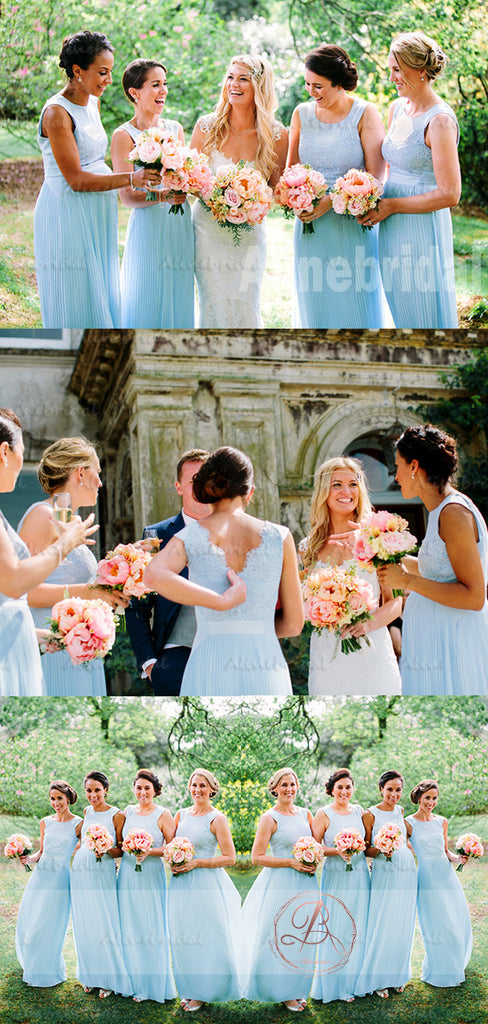 Pale Blue Lace Top Pleating Chiffon Scoop Neck Wedding Party Long A-line Bridesmaid Dresses . AB1189