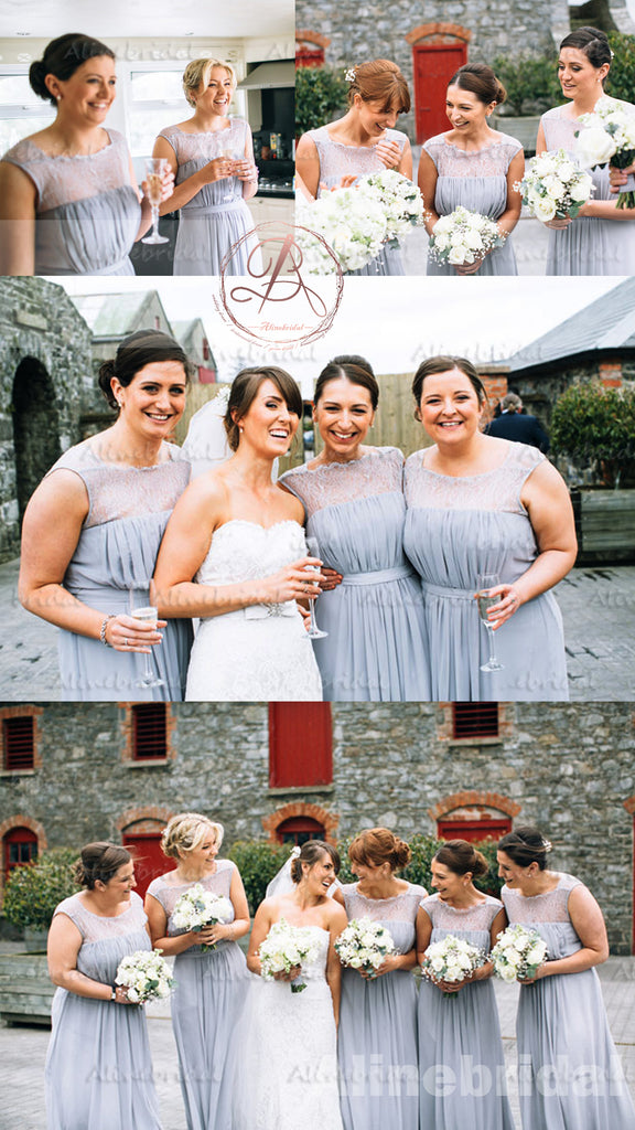 Elegant Light Gray Lace Chiffon Unique Square Neck Sleeveless Long Bridesmaid Dresses. AB1190