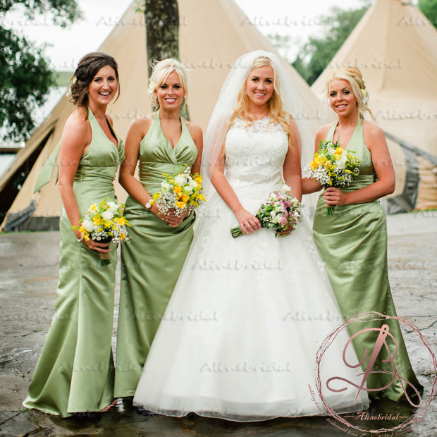 Newest Elegant Green Satin Halter Pleating V-neck Sleeveless Long Bridesmaid Dresses. AB1188