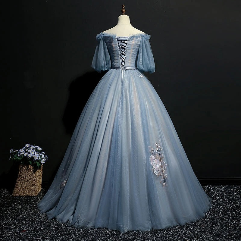 Vintage Princess Off Shoulder Half Sleeve Dusty Blue Appliques Ball Gown Prom Dresses,PD00076