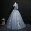 Vintage Princess Off Shoulder Half Sleeve Dusty Blue Appliques Ball Gown Prom Dresses,PD00076