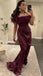 Dark Burgundy Off-shoulder Feather Top Mermaid Long Prom Dress, PD3355