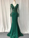 Elegant Navy Blue, Emerald Green V-neck Lace Top Mermaid Long Prom Dress, PD3336