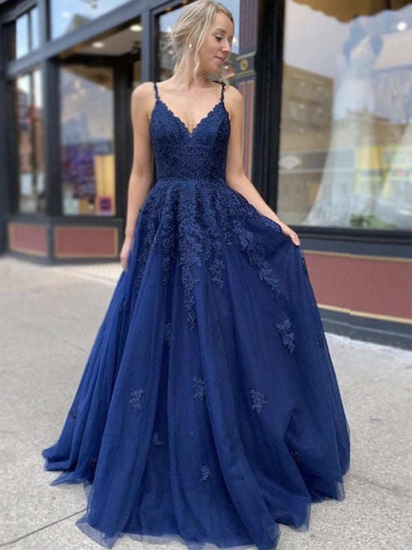 Elegant Navy Blue Lace Spaghetti Strap V-neck A-line Long Prom Dress, PD3140