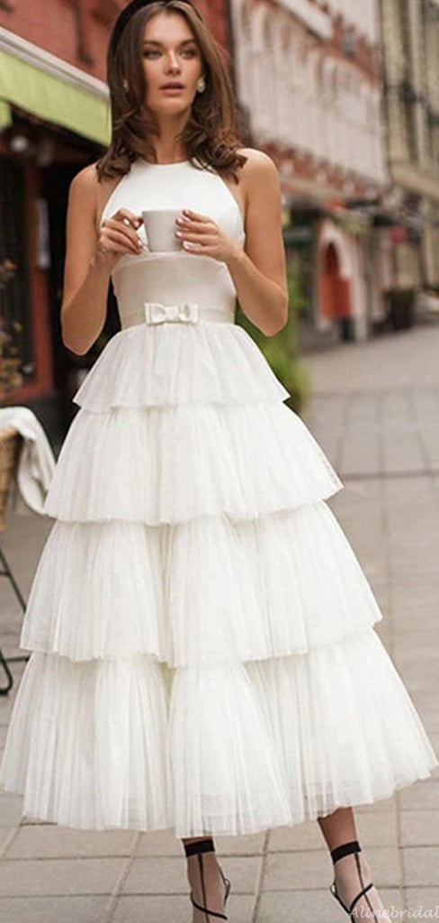 Elegant White Jewel Neck Illusion Back A-line Pleats Ankle-length Prom Dress, PD3158