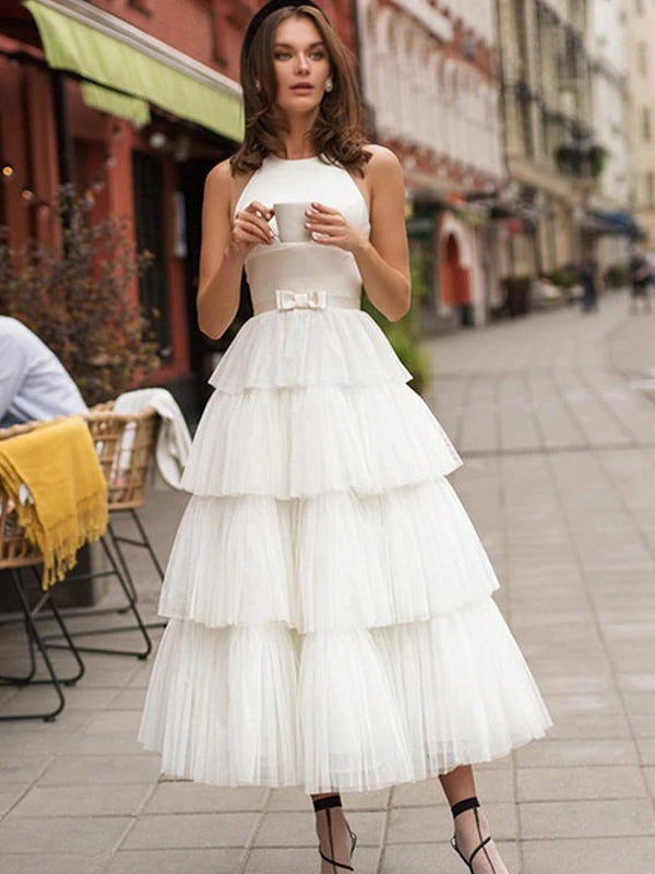 Elegant White Jewel Neck Illusion Back A-line Pleats Ankle-length Prom Dress, PD3158