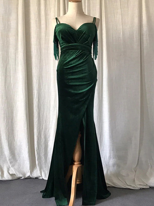 Emerald Green Spaghetti Straps Sweetheart Tasssels Mermaid Side-slit Long Bridesmaid Prom Dress, PD3338