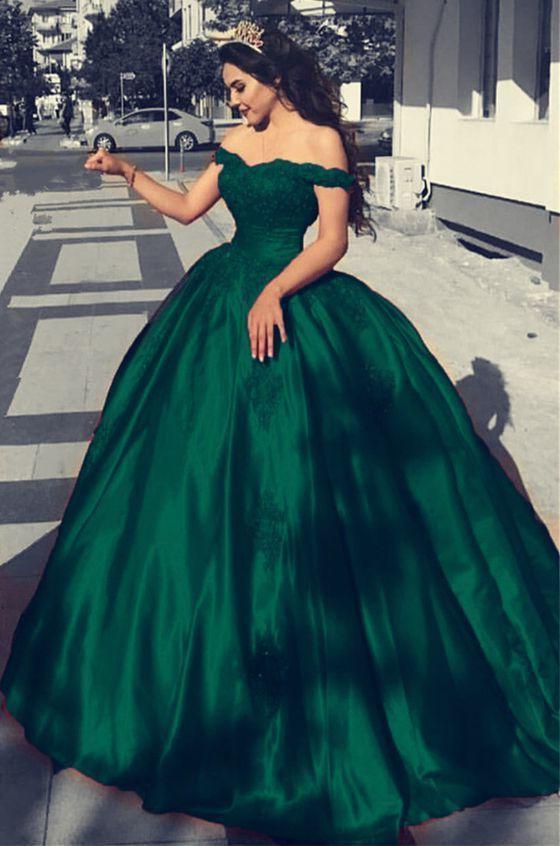 Emerald Green Off-shoulder Lace Top A-line Long Prom Dress, PD3151