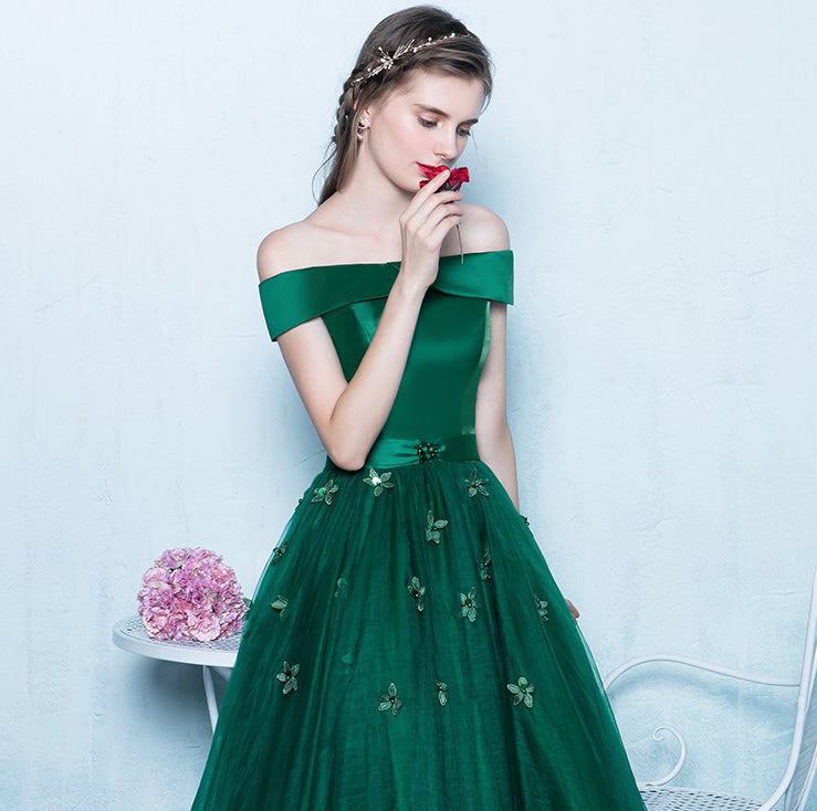 Green Off Shoulder Lace Up Back Appliques Party For Teens Prom Gown Dresses,PD00027