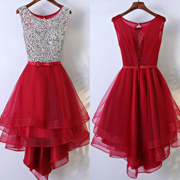 Red HI-Lo Sleeveless Round Neckline Bow Key Hole Back Rhinestone Sequins Homecoming Dresses,BD00203