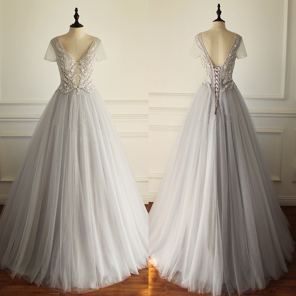 Elegant A-line Short Illusion Sleeve Appliques Rhinestone Lace Up Back Floor Length  Wedding Dress, AB1095