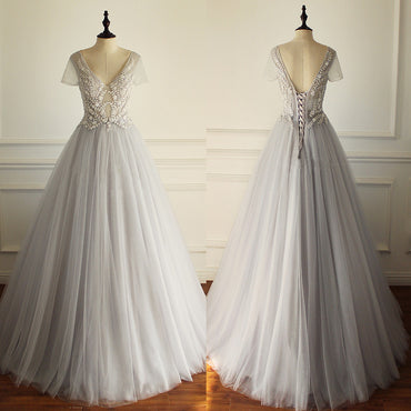 Elegant A-line Short Illusion Sleeve Appliques Rhinestone Lace Up Back Floor Length  Wedding Dress, AB1095