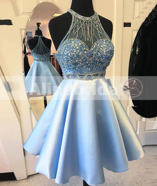 Pale Blue Rhinestone Beaded Halter  For Teens Homecoming Dresses,BD00217