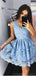 Sky Blue V Neck Lace Applique A Line Short Homecoming Dress, BTW270