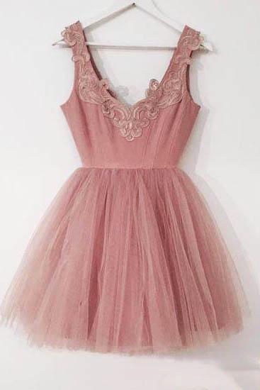 Sweet Dusty Rose Lace Applique Tulle A Line Short Homecoming Dress, BTW281